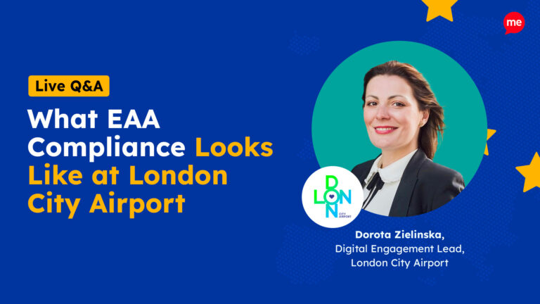 Promotional graphic for a live Q&A about EAA compliance at London City Airport, featuring a headshot of a Dorota the Digital Engagement Lead