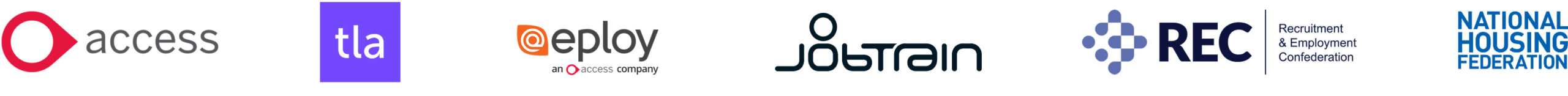 A row of partner logos including Access, TLA, Eploy, Jobtrain, the Recruitment & Employment Confederation (REC), and the National Housing Federation.