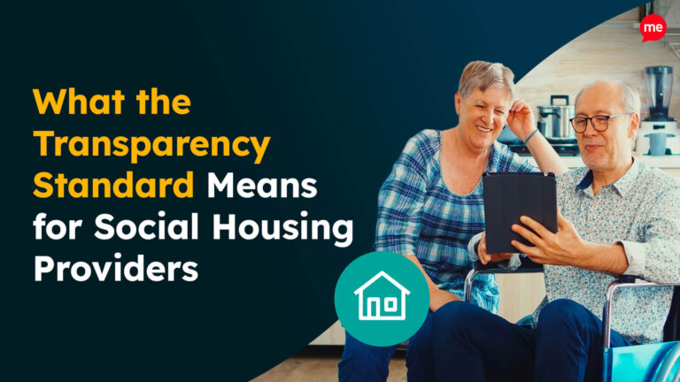 Two older adults sitting together, smiling and looking at a tablet, with text reading ‘What the Transparency Standard Means for Social Housing Providers’ and a house icon.