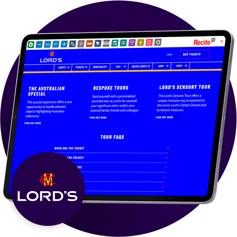 Mock-up of the Recite Me Toolbar being used on the Lord's website.