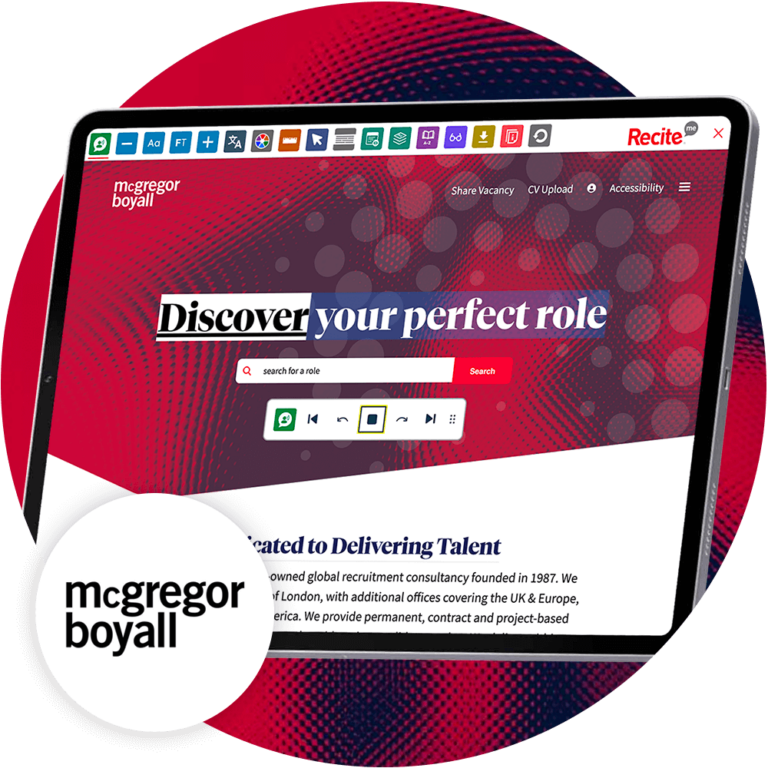 Mock-up of the Recite Me Toolbar being used on the McGregor Boyall website.