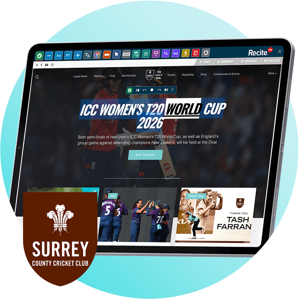 Mock-up of the Recite Me Toolbar being used on the Surrey Cricket Club website.