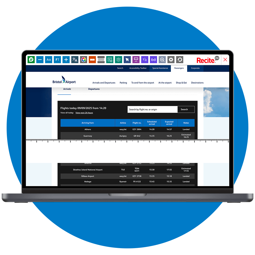 Mock-up of the Recite Me Toolbar being used on the Bristol Airport website.