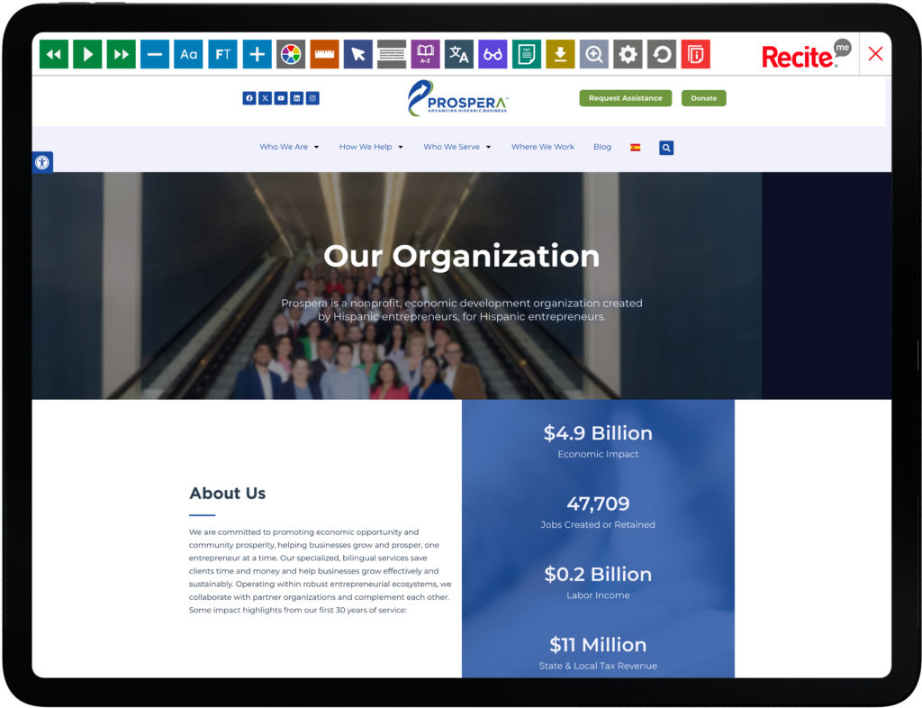 Tablet with screenshot of Prospera website