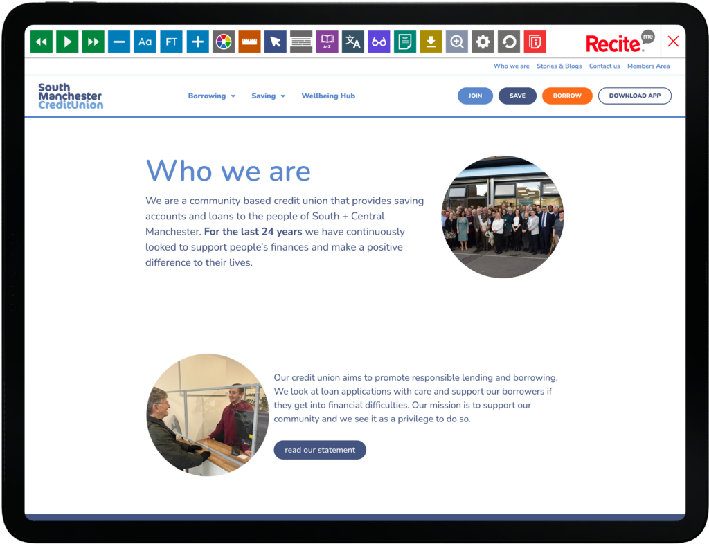 Mock-up of the Recite Me toolbar being used on the South Manchester Credit Union website.