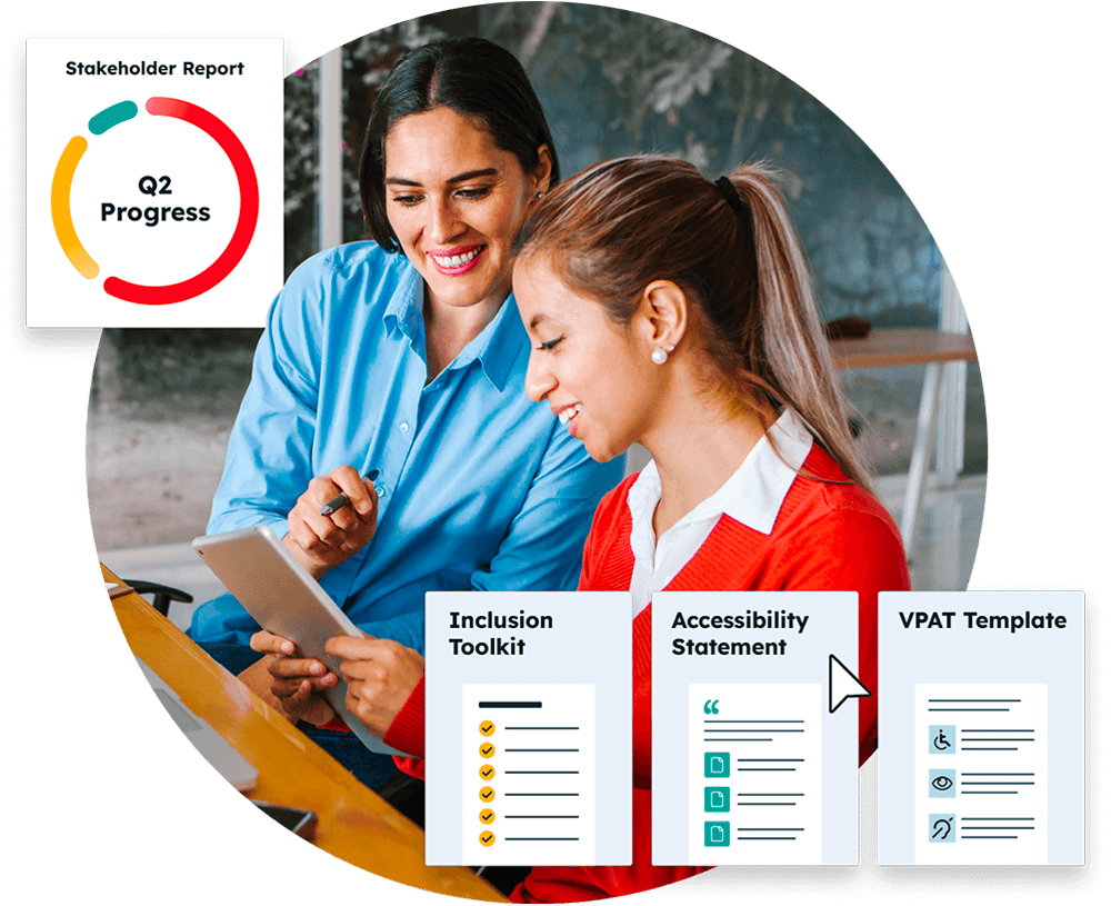 Two women smiling and working together, one in a wheelchair. On the left, a checklist shows 'Onboarding' and 'Walkthrough' completed, with 'Implementation' selected. On the right, a graphic labeled 'Stakeholder Report' shows a circular chart with 'Q2 Progress' in the center.