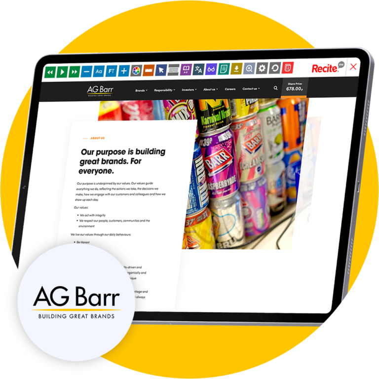 Mock-up of the Recite Me Toolbar being used on the AG Barr website.