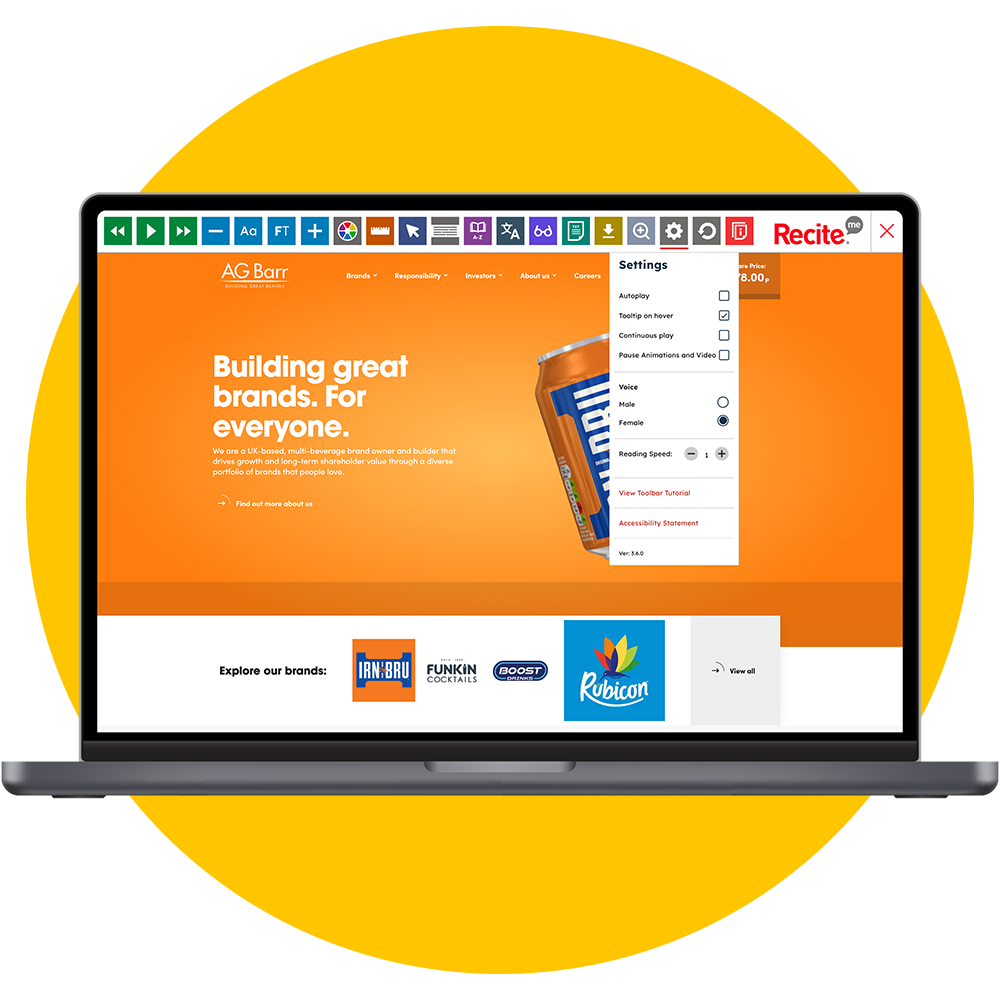 Mock-up of the Recite Me Toolbar being used on the AG Barr website.