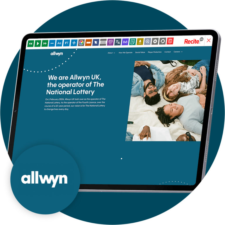 Mock-up of the Recite Me toolbar being used on the Allywn website.