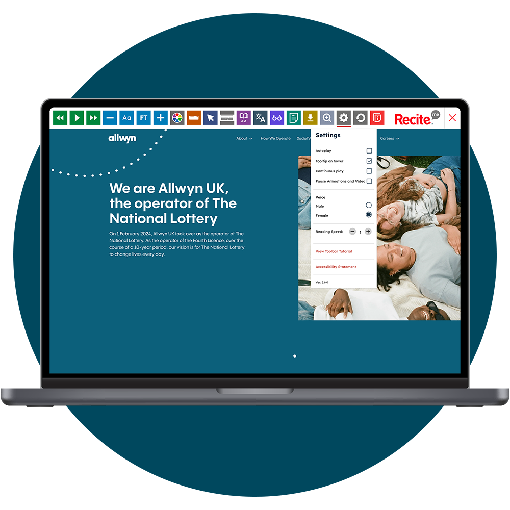 Mock-up of the Recite Me toolbar being used on the Allywn website.