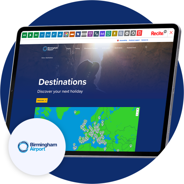 Mock-up of the Recite Me Toolbar being used on the Birmingham Airport website.
