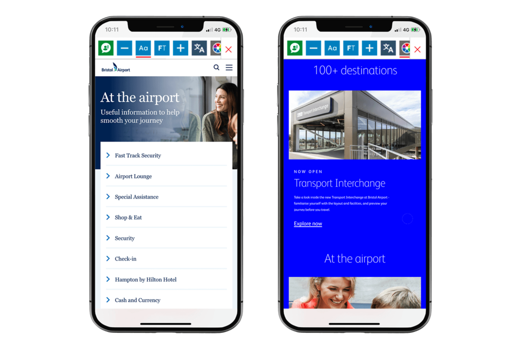 Mock-up of the Recite Me Toolbar being used on the Bristol Airport website.
