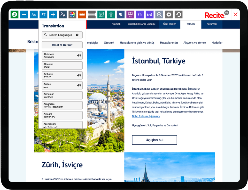 Mock-up of the Recite Me Toolbar being used on the Bristol Airport website.