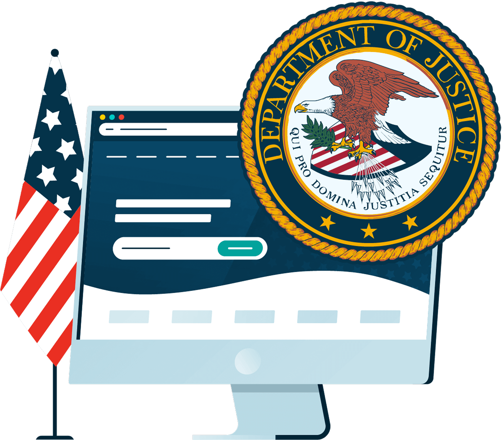 DOJ Graphic infront of a stylised desktop computer