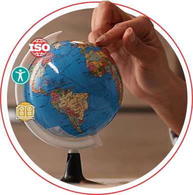globe with accessibility and iso icons