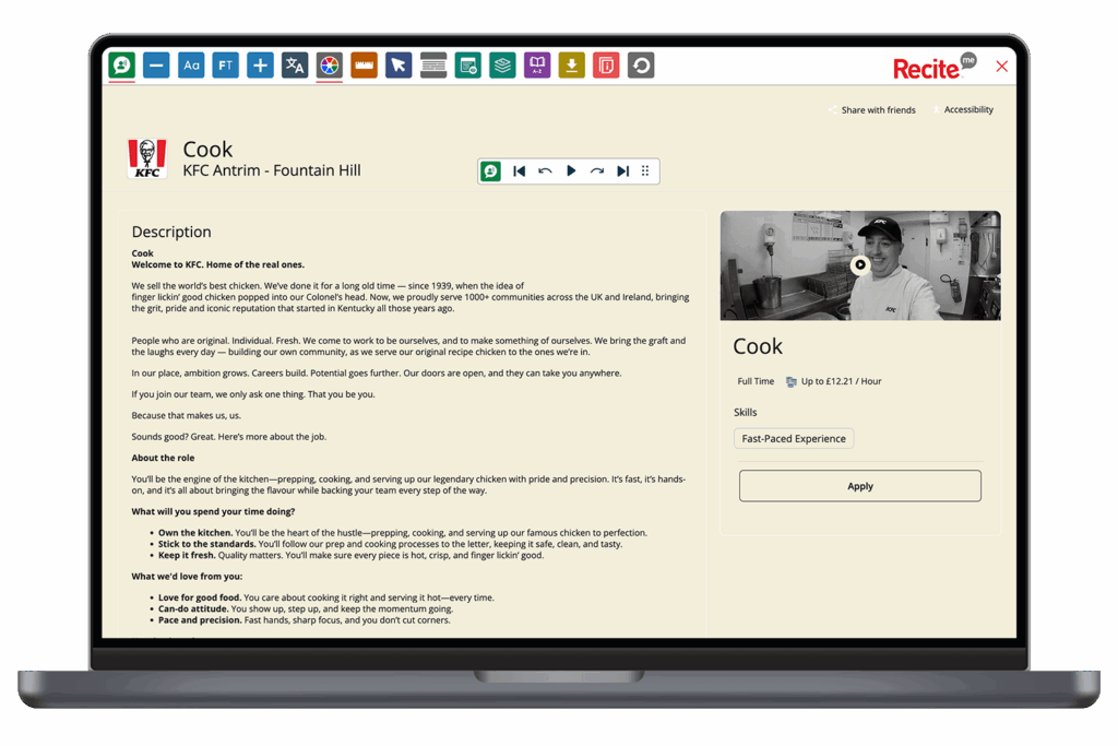 Mock-up of the Recite Me Toolbar being used on the KFC Careers website.