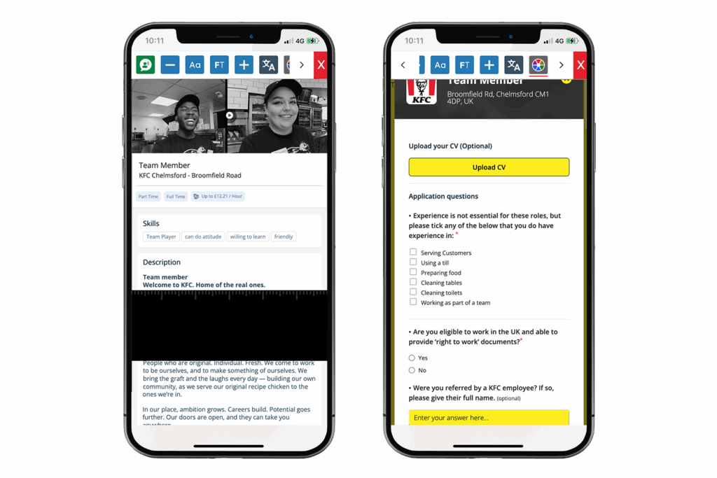 Mock-up of the Recite Me Toolbar being used on the KFC Careers website.