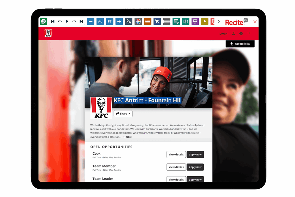 Mock-up of the Recite Me Toolbar being used on the KFC Careers website.