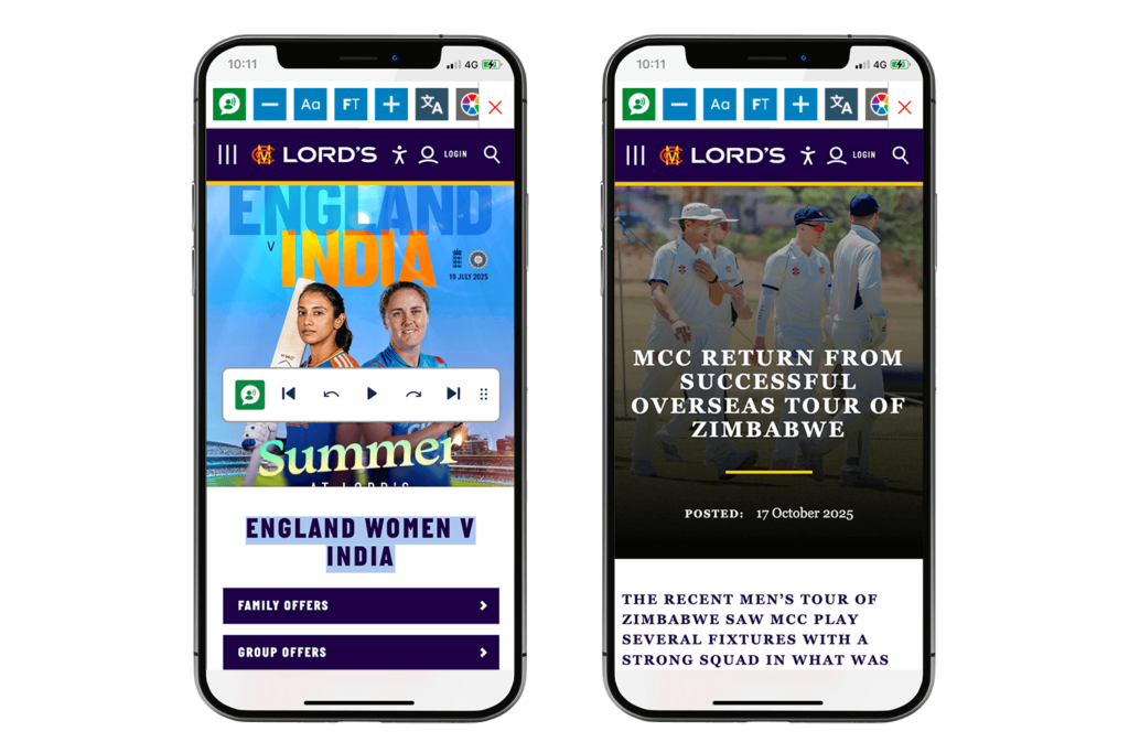 Mock-up of the Recite Me Toolbar being used on the Lord's website.