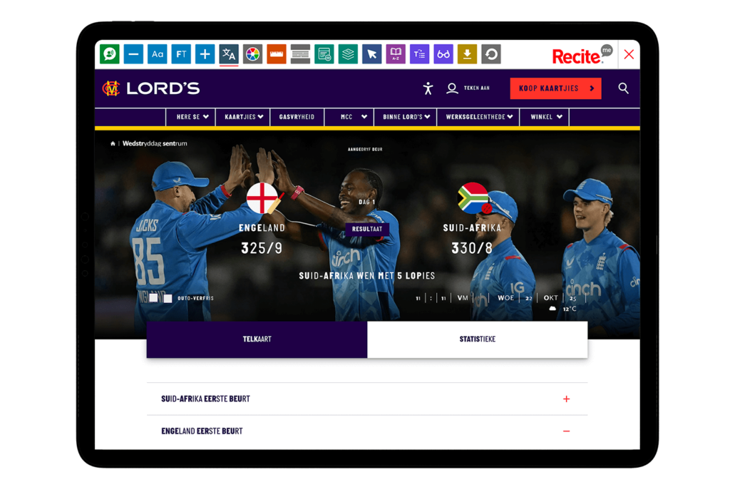 Mock-up of the Recite Me Toolbar being used on the Lord's website.