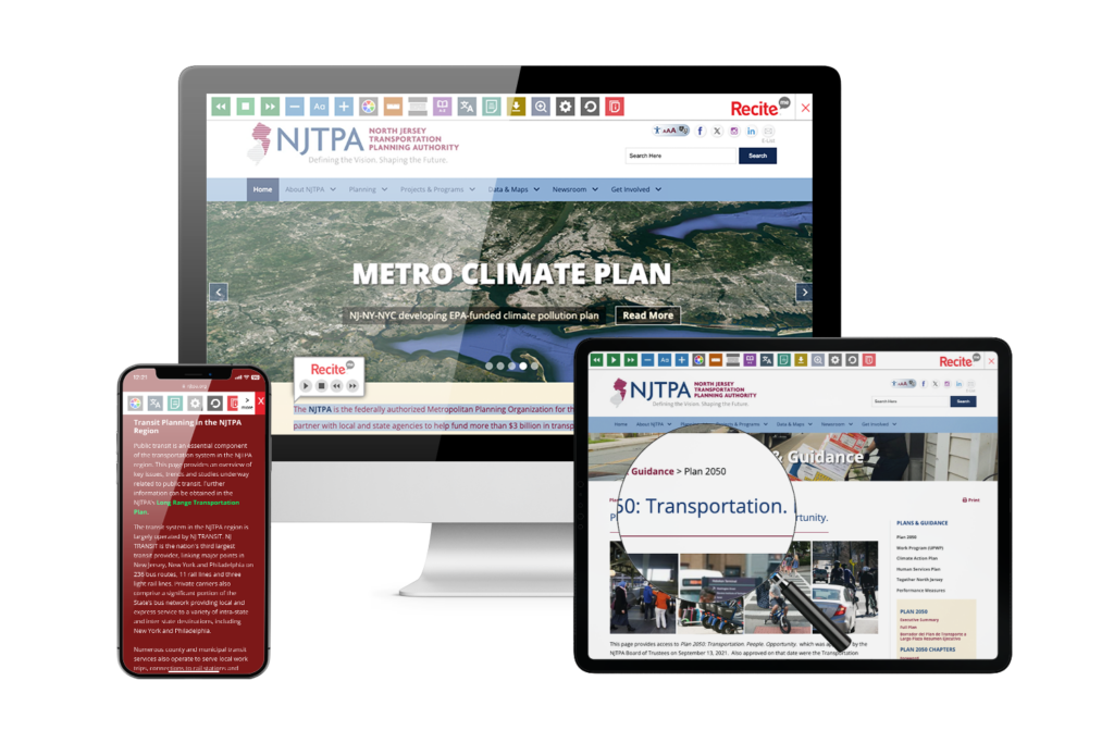 Desktop, mobile phone, and tablet with screenshot of https://www.njtpa.org/Home.aspx website.