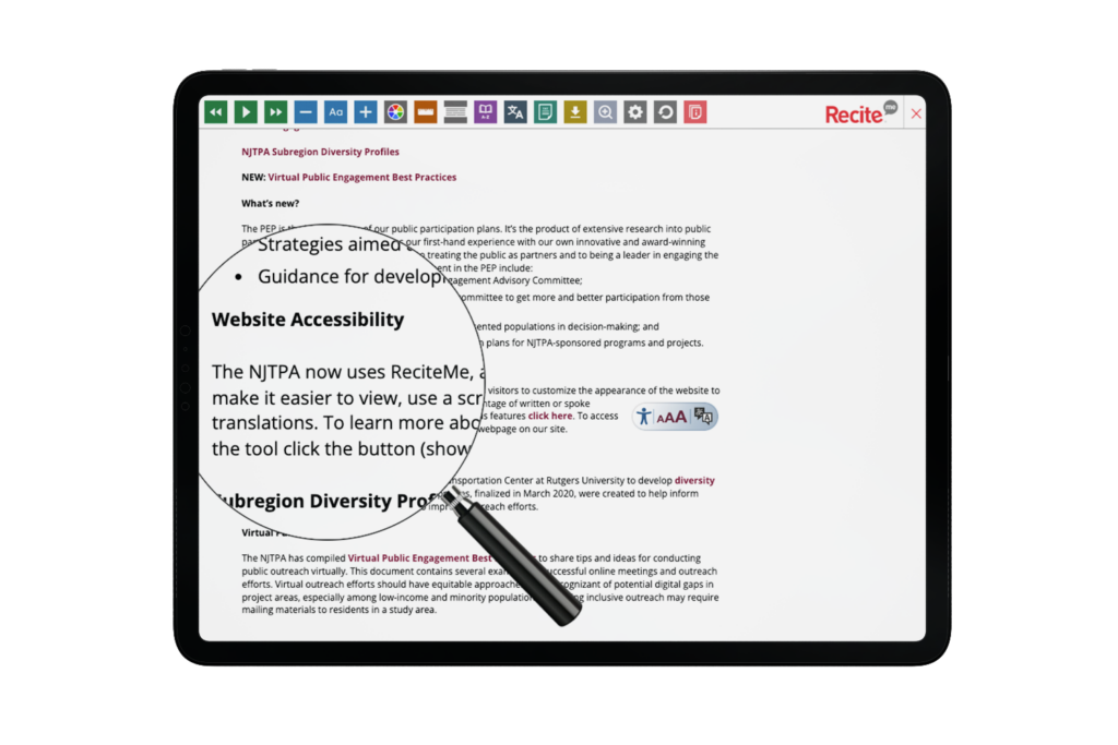Tablet with screenshot of https://www.njtpa.org/accessibility.aspx website.