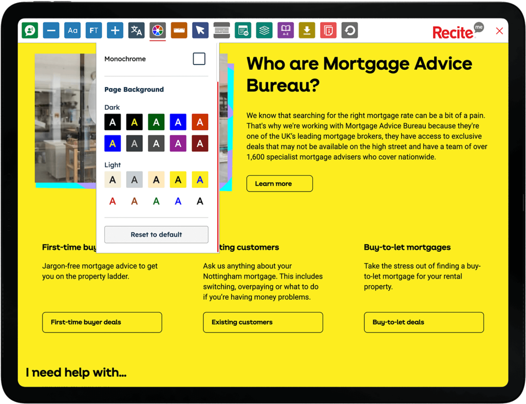 Mock-up of the Recite Me Toolbar being used on the Nottingham Building Society website.