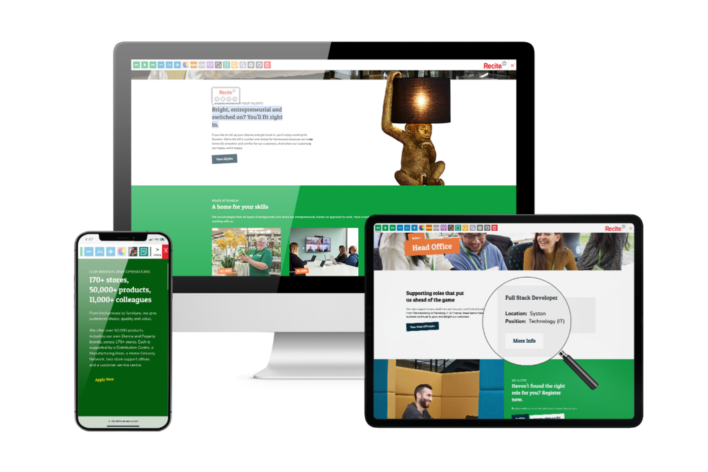 Desktop, mobile and tablet with Dunelm website using the Recite Me assistive toolbar
