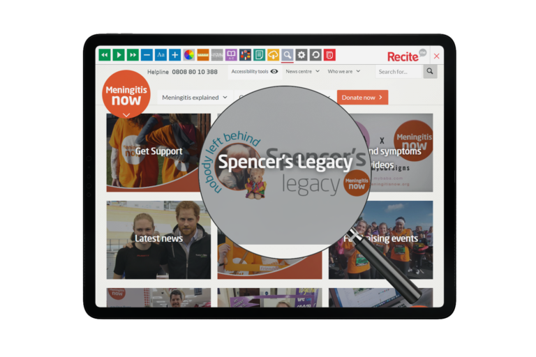 Tablet with Meningitis Now website using the Recite Me assistive toolbar