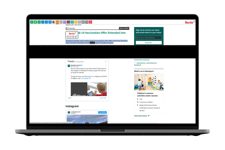 Laptop with Stockport Metropolitan Borough Council website using the Recite Me assistive toolbar